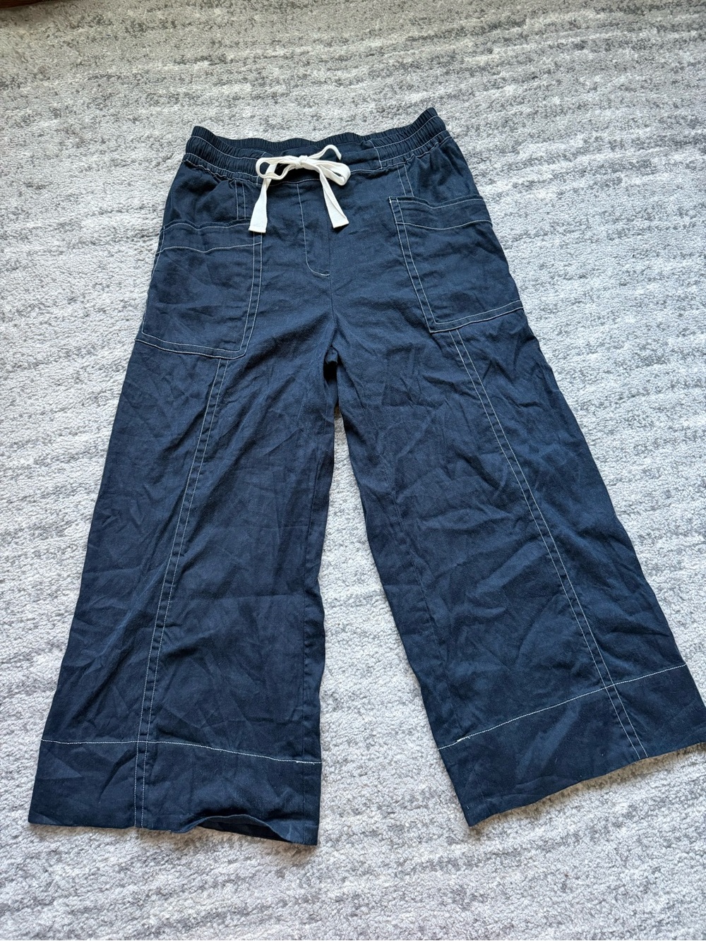 Maeve La Ponche Pull-On Wide Leg Linen Pants Navy Blue Size L